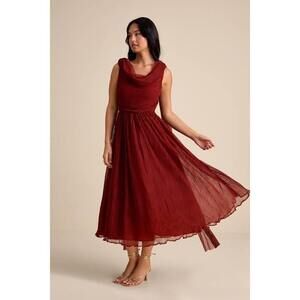 Lulus Katreea Rust Red Pleated Cowl Neck Sash Midi Dress - Size S